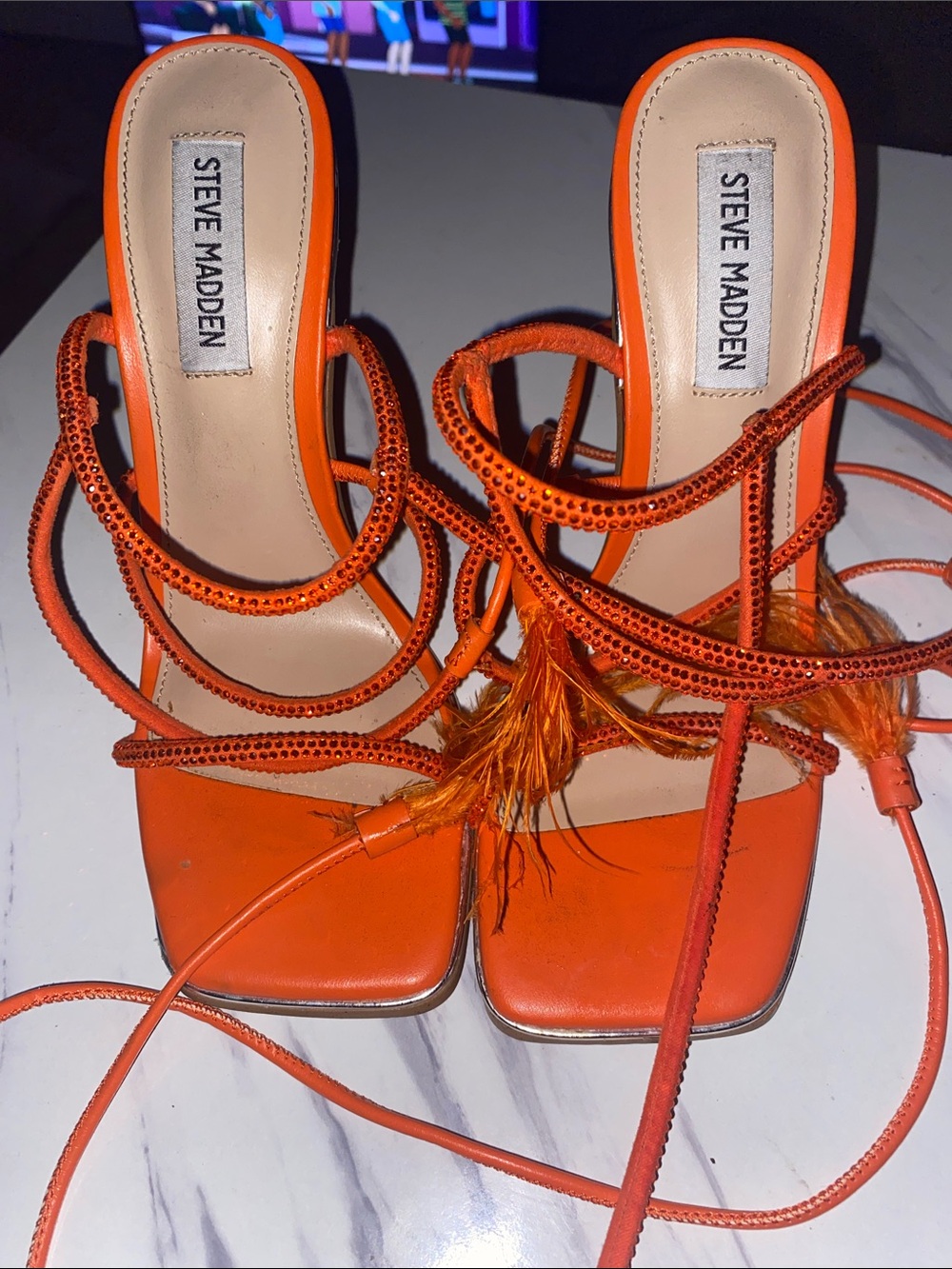 Steve Madden Orange Feather & Rhinestone Lace-Up Heels